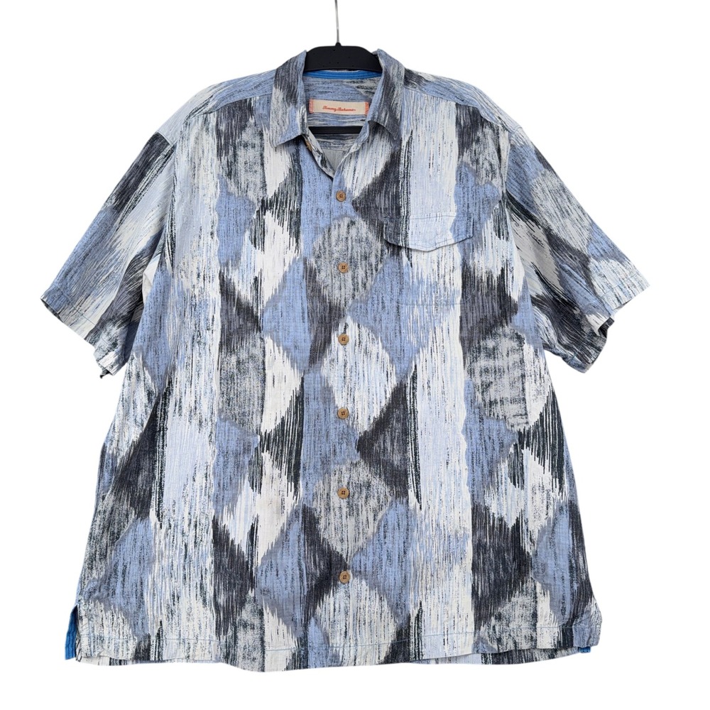 Tommy Bahama Mens XL Silk Blue Abstract Ikat‎ Diamond Camp Shirt Short Sleeve
